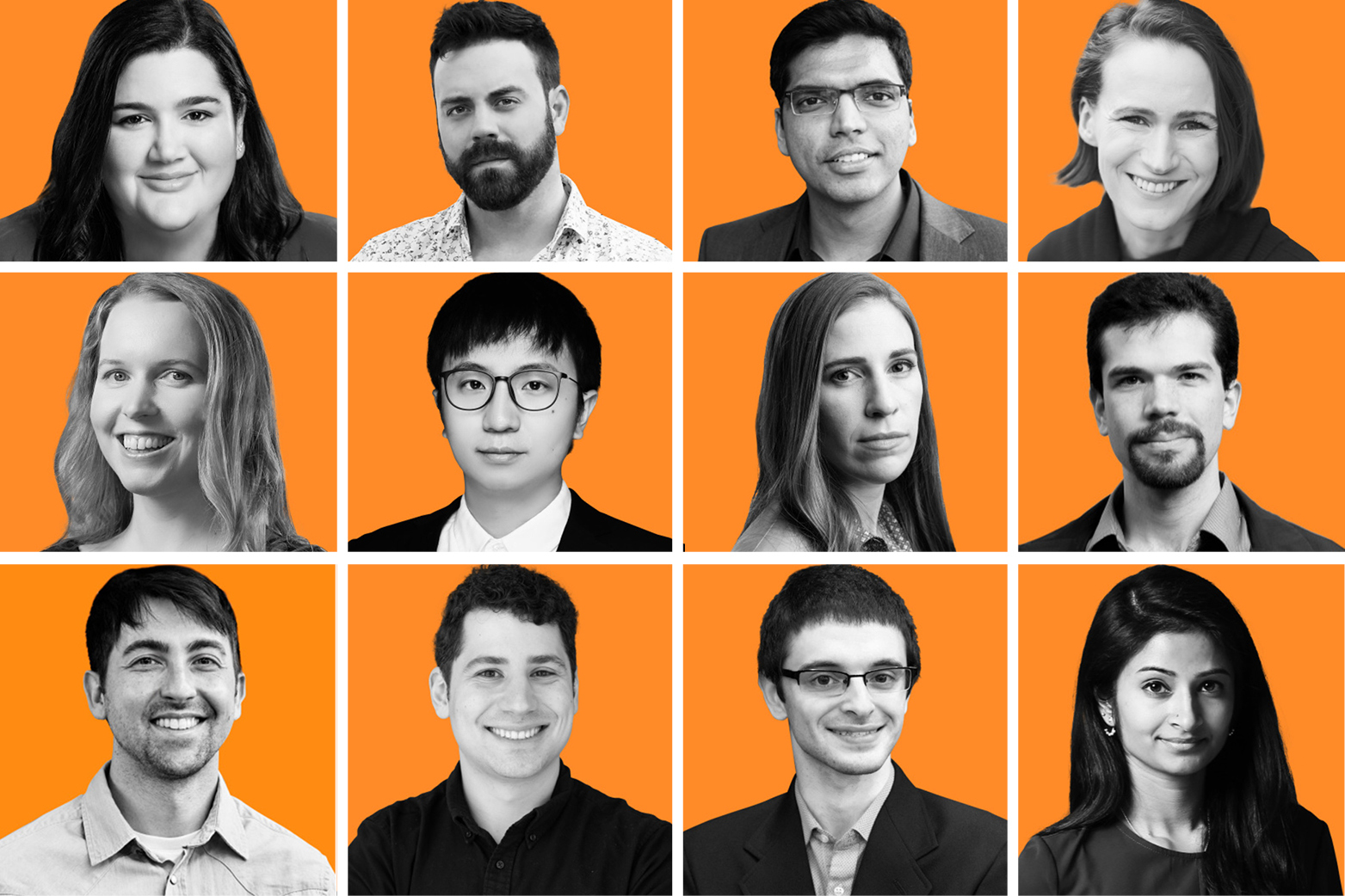 Grid of 12 headshots against an orange background