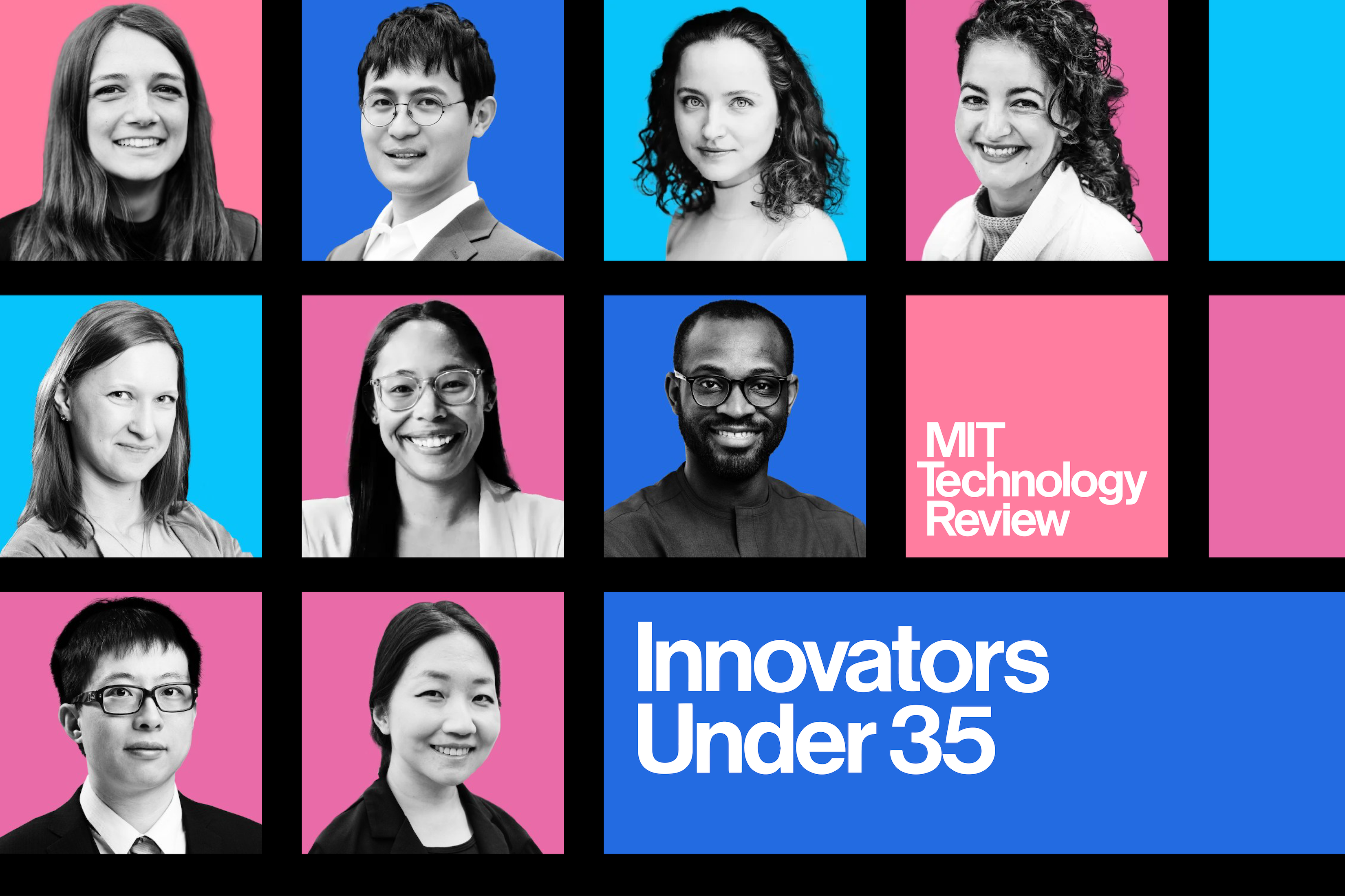 A grid of faces all MIT affiliated in blue and pink boxes with the text Innovators under 35 and MIT Technology Review