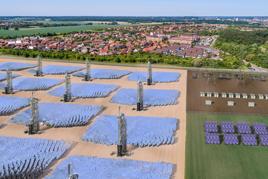 Rendering shows a dense array of solar panels next to a large neighborhood.