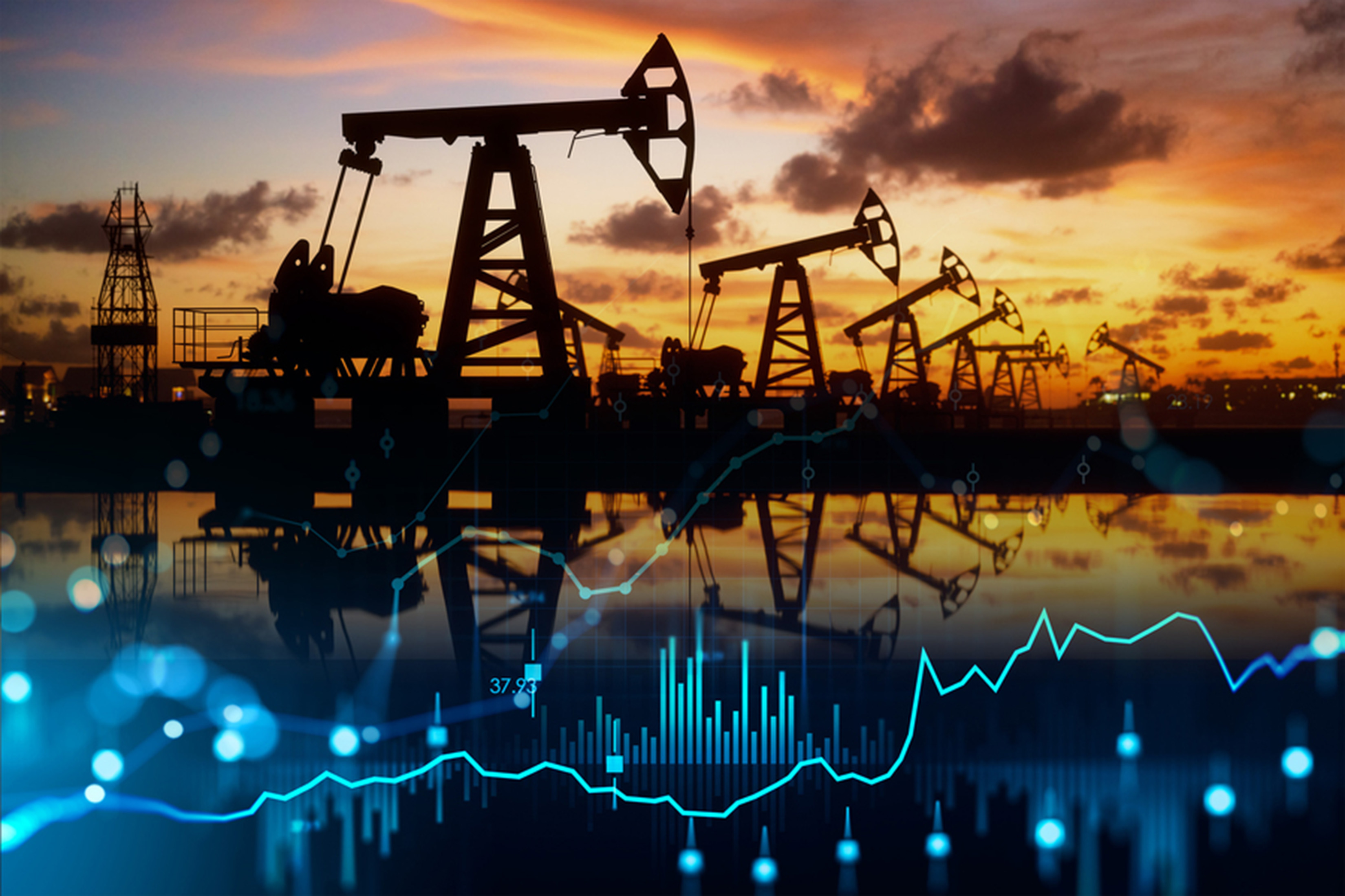 Oil field rigs are shown at sunset with an overlay of blue line charts.