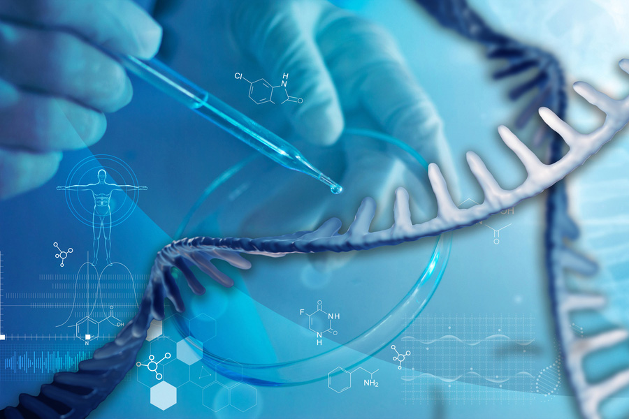 Illustration shows a closeup of gloved hands holding a pipette and a petri dish. Two half helixes twist through the image and the background shows drawings of compounds, a human, graph paper etc. Everything is blue.