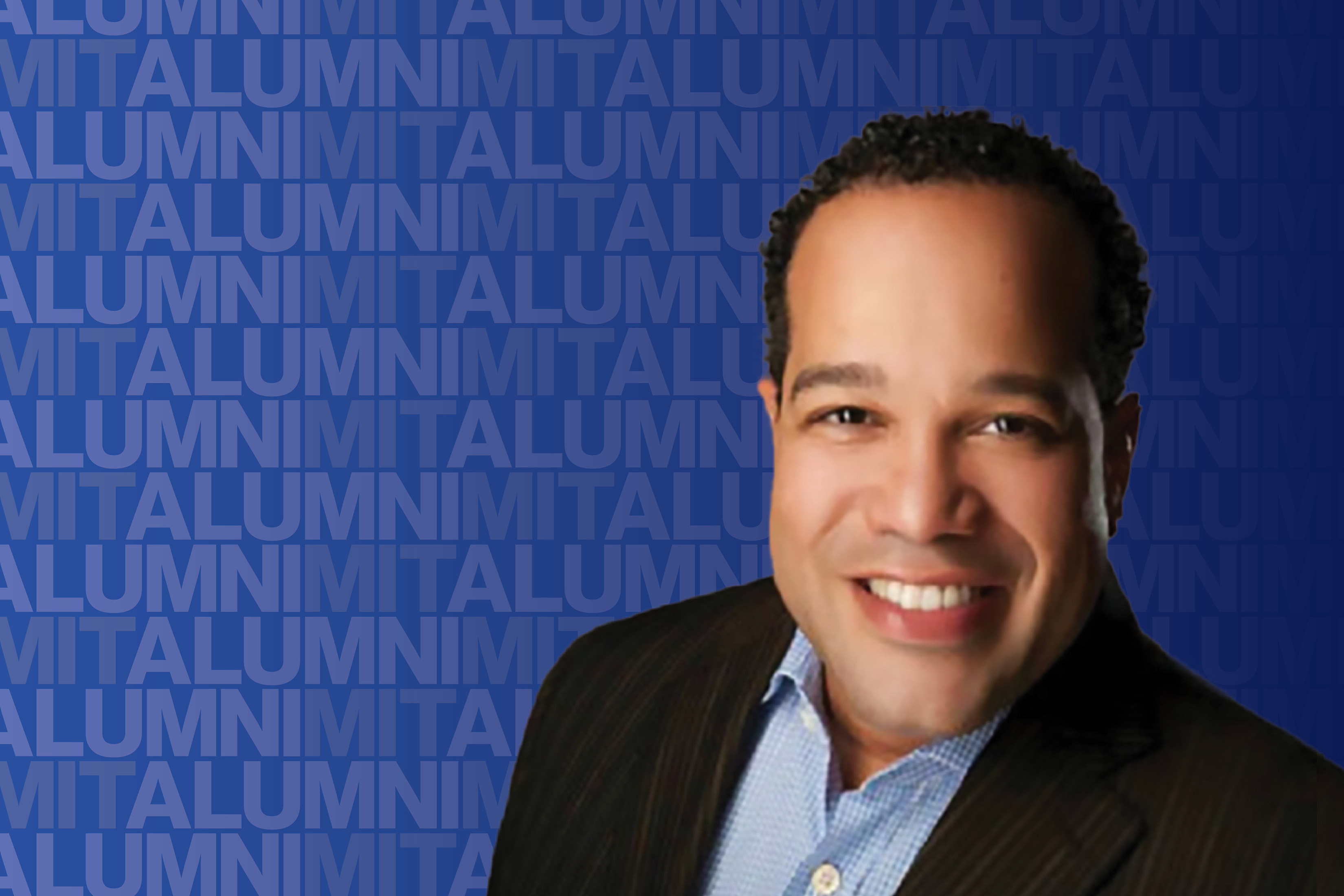 Dale LeFebvre portrait on a blue background featuring a repetitive pattern of the words "MIT Alumni."