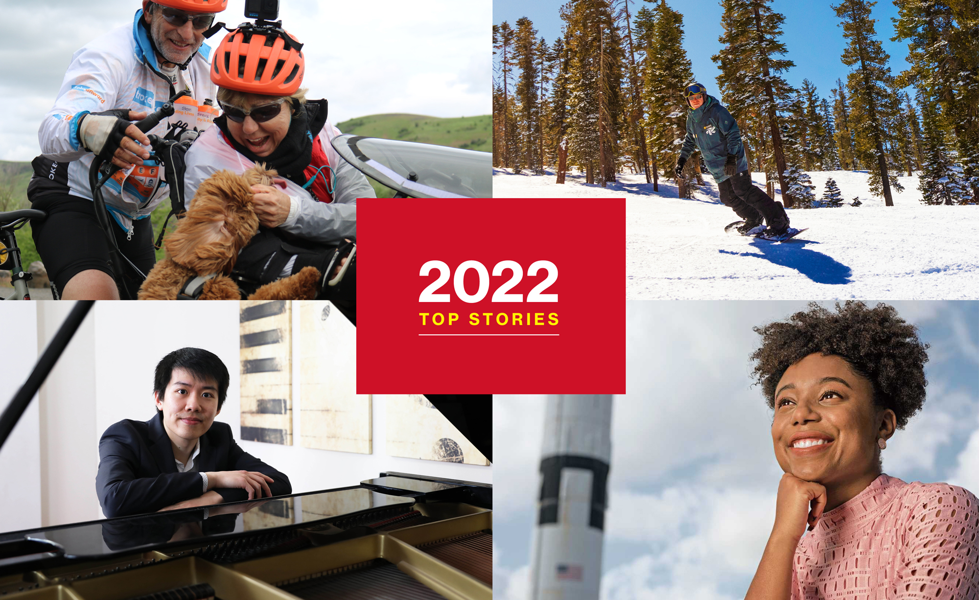 Four photos pieced together with a red rectangle in the middle, clockwise from bottom left: Sitan Chen resting on a piano, Debra Meyerson and Steve Zuckerman on their bike saying hi to their dog, Dick Shulze snowboarding, and Tiera Fletcher outside with a rocket to her left