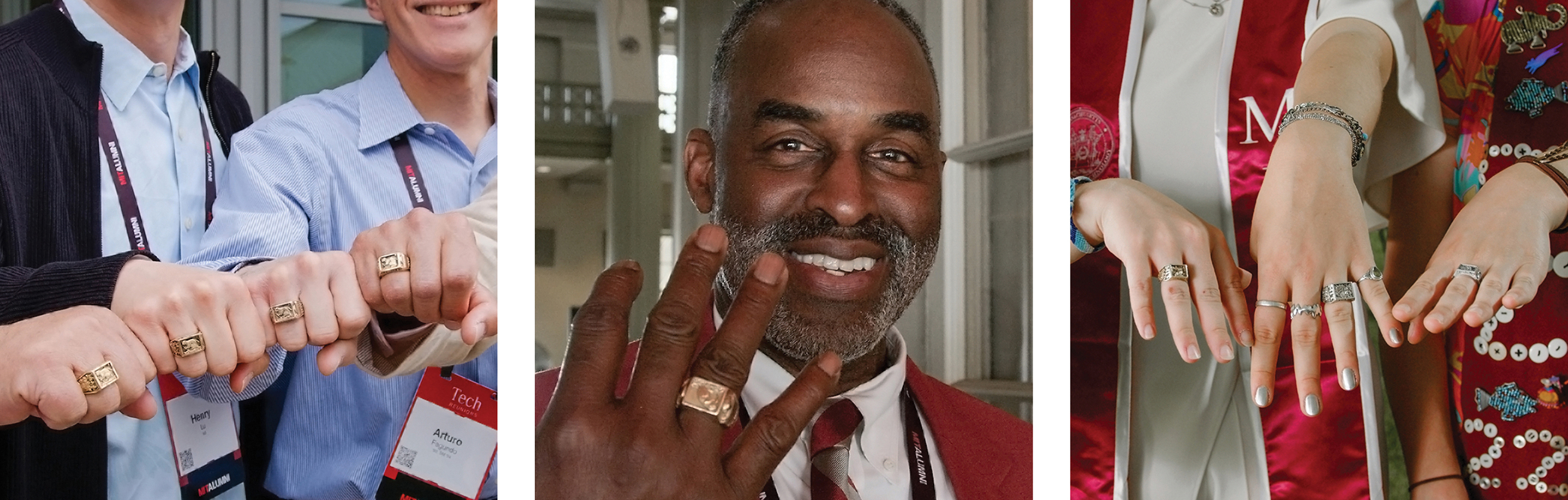 A photo grid of three photos showing MIT alumni holding out their Brass Rat rings