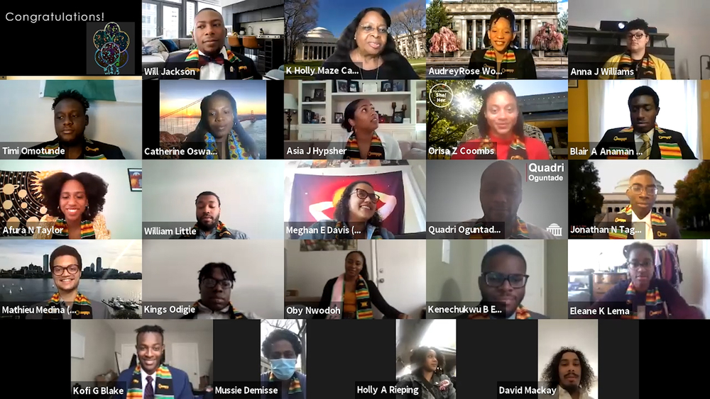 Zoom screenshot from the BAMIT Black Graduate Celebration shows members of the Class of 2021 wearing their kente stoles.