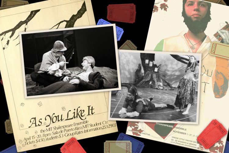 In this photo illustration, two black and white photos are layered on top of two posters for As You Like It by the MIT Shakespeare Ensemble. Some tickets of different colors are strewn about. In the photo on the left, a person in a hat points at a man lying down. In the photo at right, a man in a jester hat lies on his stomach, leaning on his elbows. A woman stands nearby, arms akimbo. A theatrical tree can be seen in the background with another person standing nearby.