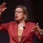 Rosalind Picard gestures with her hands during MIT talk