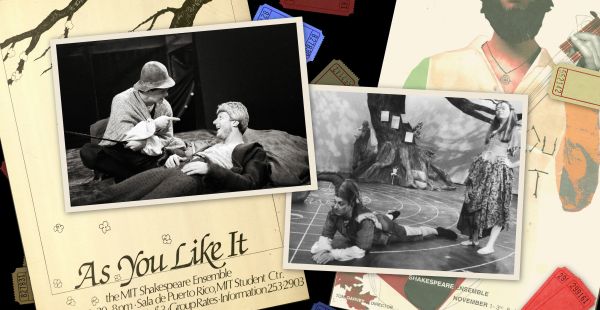 In this photo illustration, two black and white photos are layered on top of two posters for As You Like It by the MIT Shakespeare Ensemble. Some tickets of different colors are strewn about. In the photo on the left, a person in a hat points at a man lying down. In the photo at right, a man in a jester hat lies on his stomach, leaning on his elbows. A woman stands nearby, arms akimbo. A theatrical tree can be seen in the background with another person standing nearby.