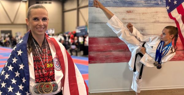 Noelle Kanaga DeLuca ’06 is shown in two side-by-side images. On the left, she is draped in an American flag and wearing multiple medals around her neck. On the right, she is performing a kick wearing karate clothes and medals.